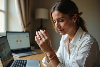 Femme examinant attentivement une chevalière en or personnalisée commandée en ligne, assise à un bureau avec un ordinateur portable ouvert