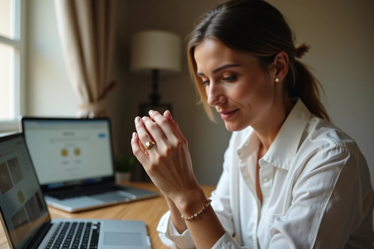 Femme examinant attentivement une chevalière en or personnalisée commandée en ligne, assise à un bureau avec un ordinateur portable ouvert