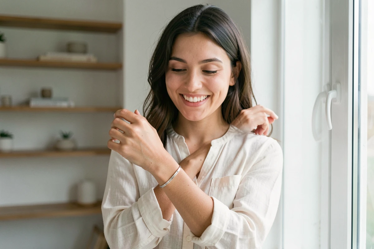 Femme portant un jonc argent gravé personnalisé avec inscription sur le poignet