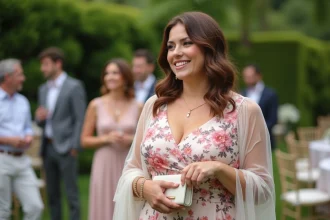 Femme ronde élégante en robe fleurie lors d'un mariage en plein air