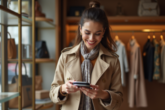 Femme élégante inspectant un sac de luxe en boutique chic