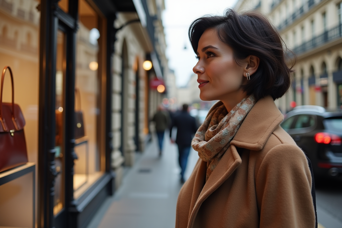 Femme élégante admirant sacs à Paris
