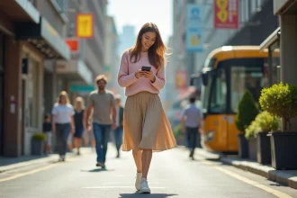 Femme souriante en ville avec pull pastel et jupe beige