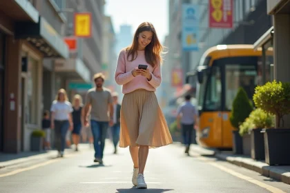 Femme souriante en ville avec pull pastel et jupe beige