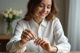 Jeune femme en blanc posant sa bague de mariage