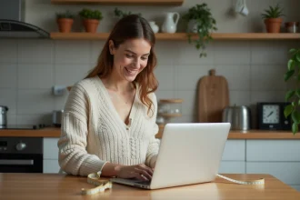 Femme mesurant sa taille avec un ruban dans la cuisine moderne