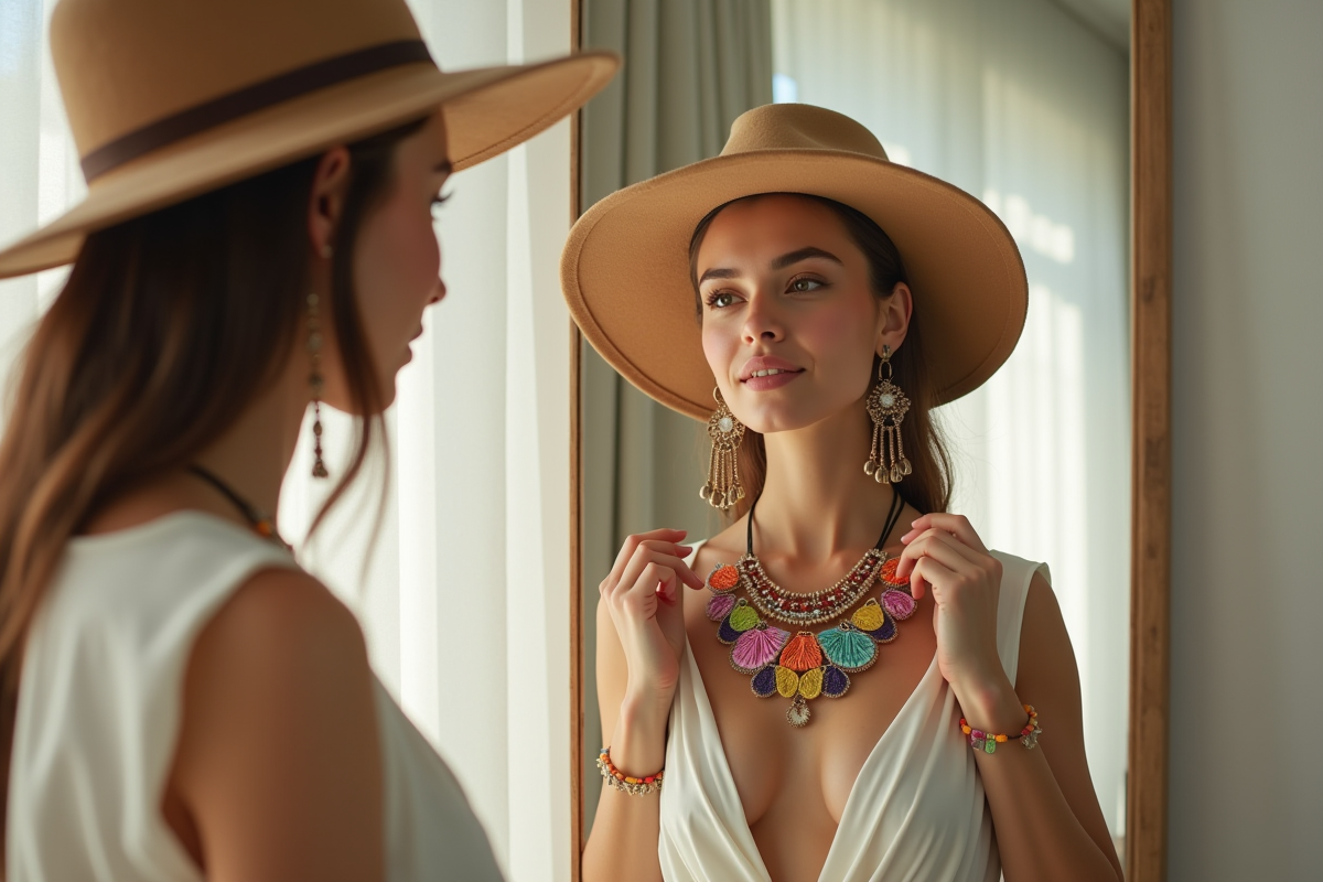 Jeune femme ajustant un collier coloré dans un miroir lumineux