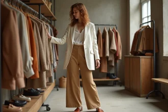 Femme élégante parcourant des vêtements de mode authentique dans une boutique concept parisienne épurée