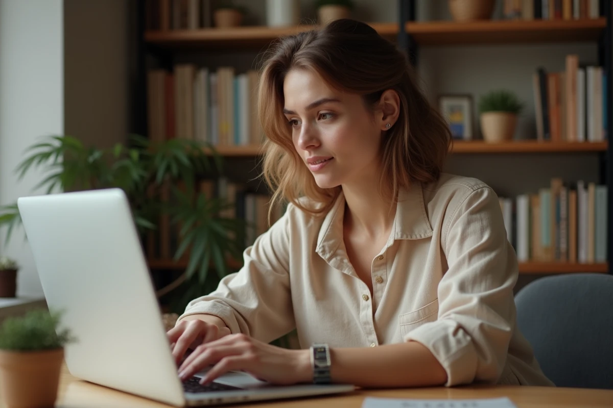 Femme consultant un site de mode en ligne avec une étiquette de marque inconnue affichée sur l'écran de son ordinateur portable