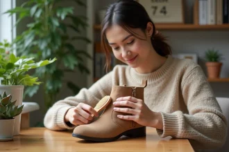 Femme nettoyant une chaussure en suede beige