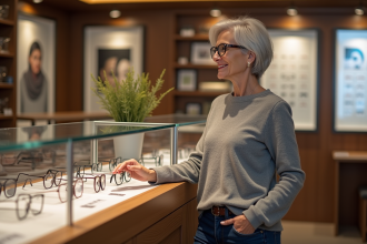 Femme élégante essayant des montures de lunettes dans une boutique moderne