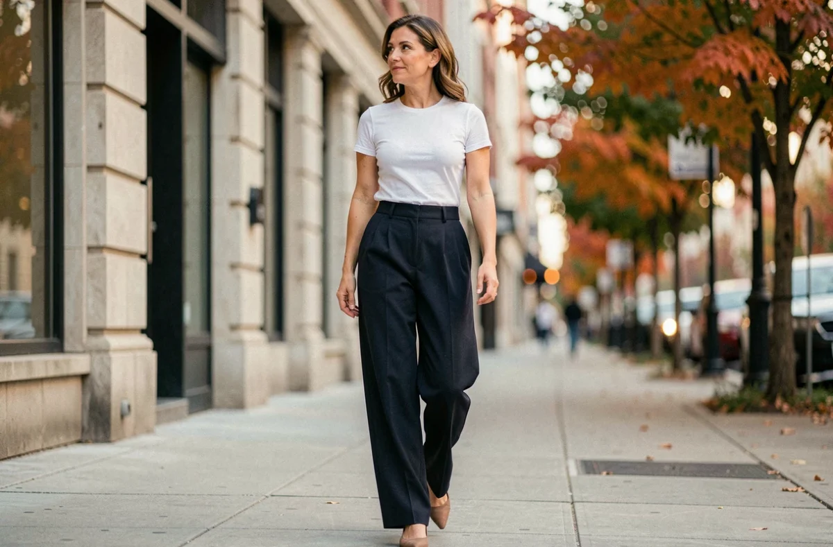 Femme en pantalon large taille haute tour de taille 42 dans un contexte urbain en automne, montrant la coupe large comme option flatteuse