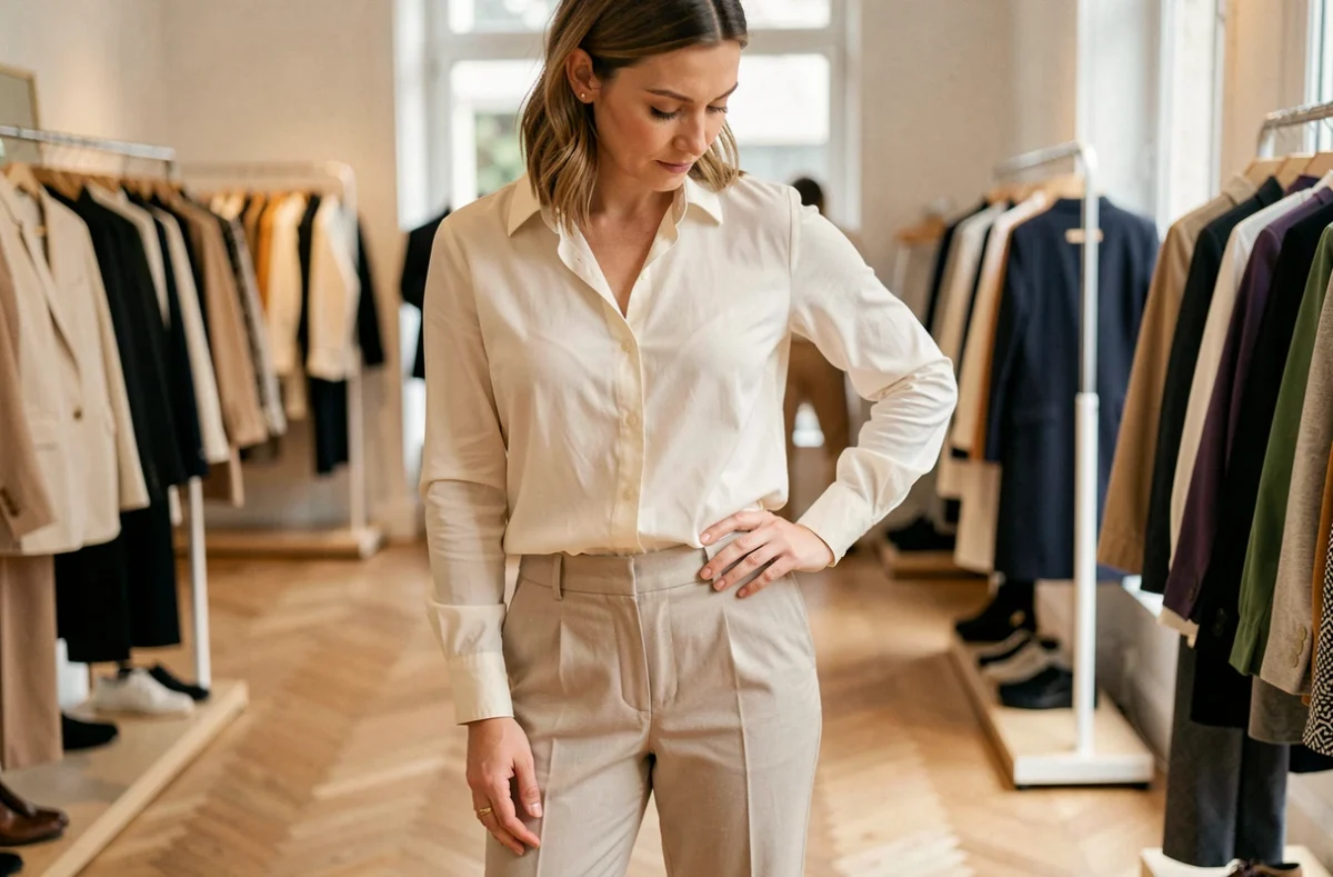 Femme portant un pantalon taille 42 coupe droite dans une boutique parisienne, illustrant comment choisir la bonne coupe pour un tour de taille 42