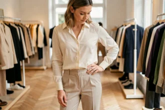 Femme portant un pantalon taille 42 coupe droite dans une boutique parisienne, illustrant comment choisir la bonne coupe pour un tour de taille 42
