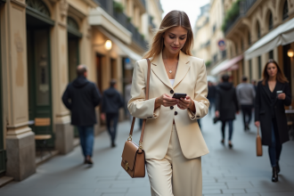 Femme élégante marchant dans Paris avec sac tendance 2025