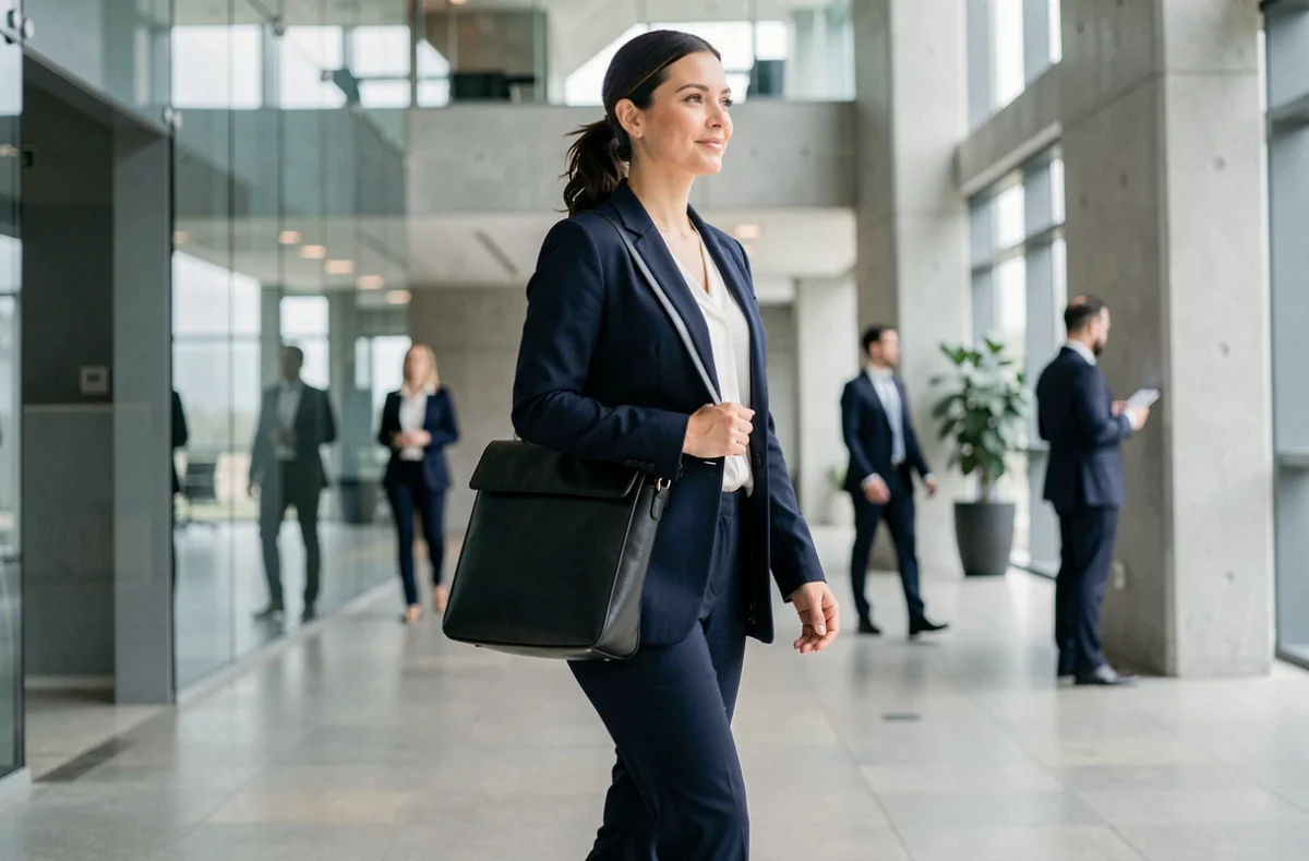 Femme professionnelle en blazer marine portant un sac à dos ordinateur en cuir noir dans un hall de bureau moderne