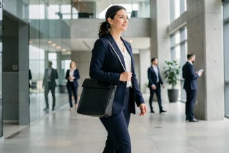 Femme professionnelle en blazer marine portant un sac à dos ordinateur en cuir noir dans un hall de bureau moderne