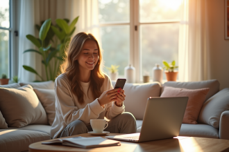 Jeune femme détendue dans un salon lumineux avec smartphone et tasse de thé