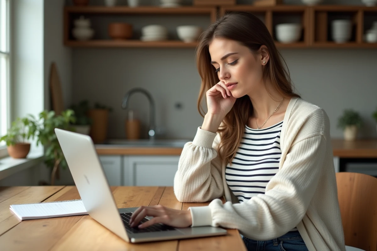 Femme assise à la maison en train de regarder un guide mode