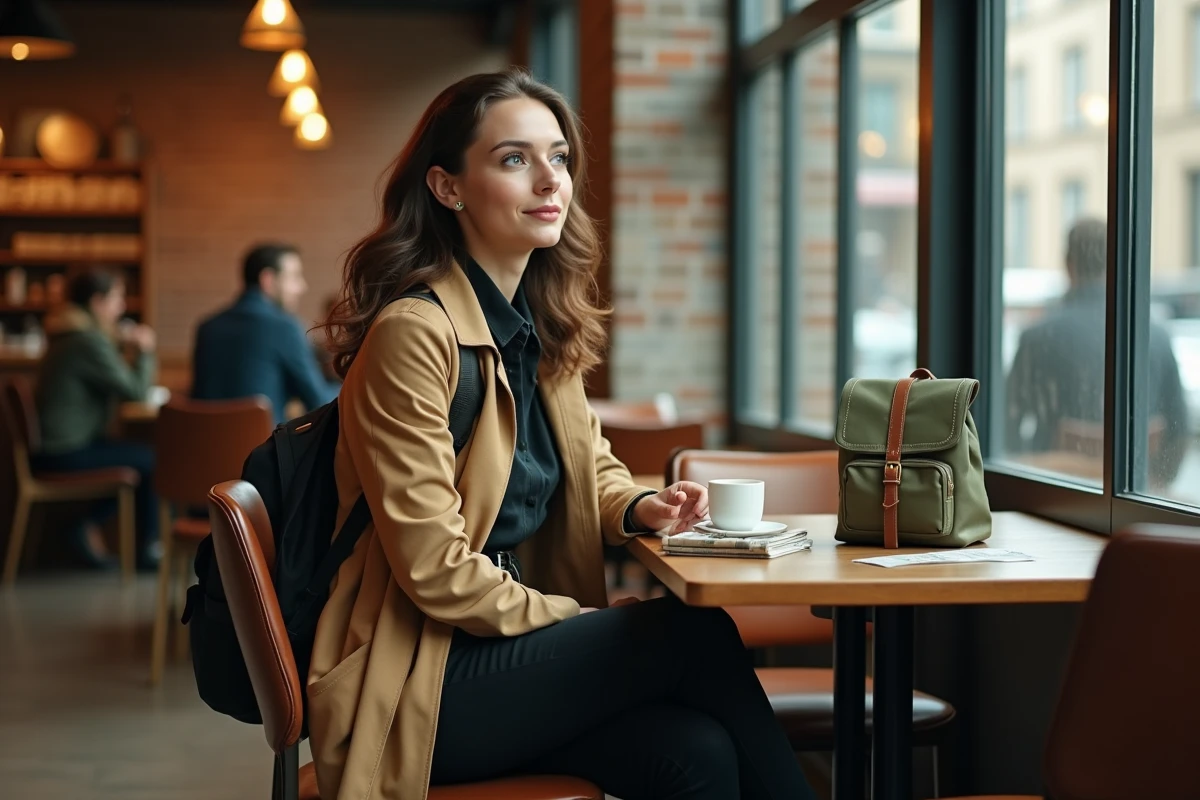 Femme en manteau camel assise dans un café avec un sac à dos compact en toile verte posé sur la table pour un week-end en ville