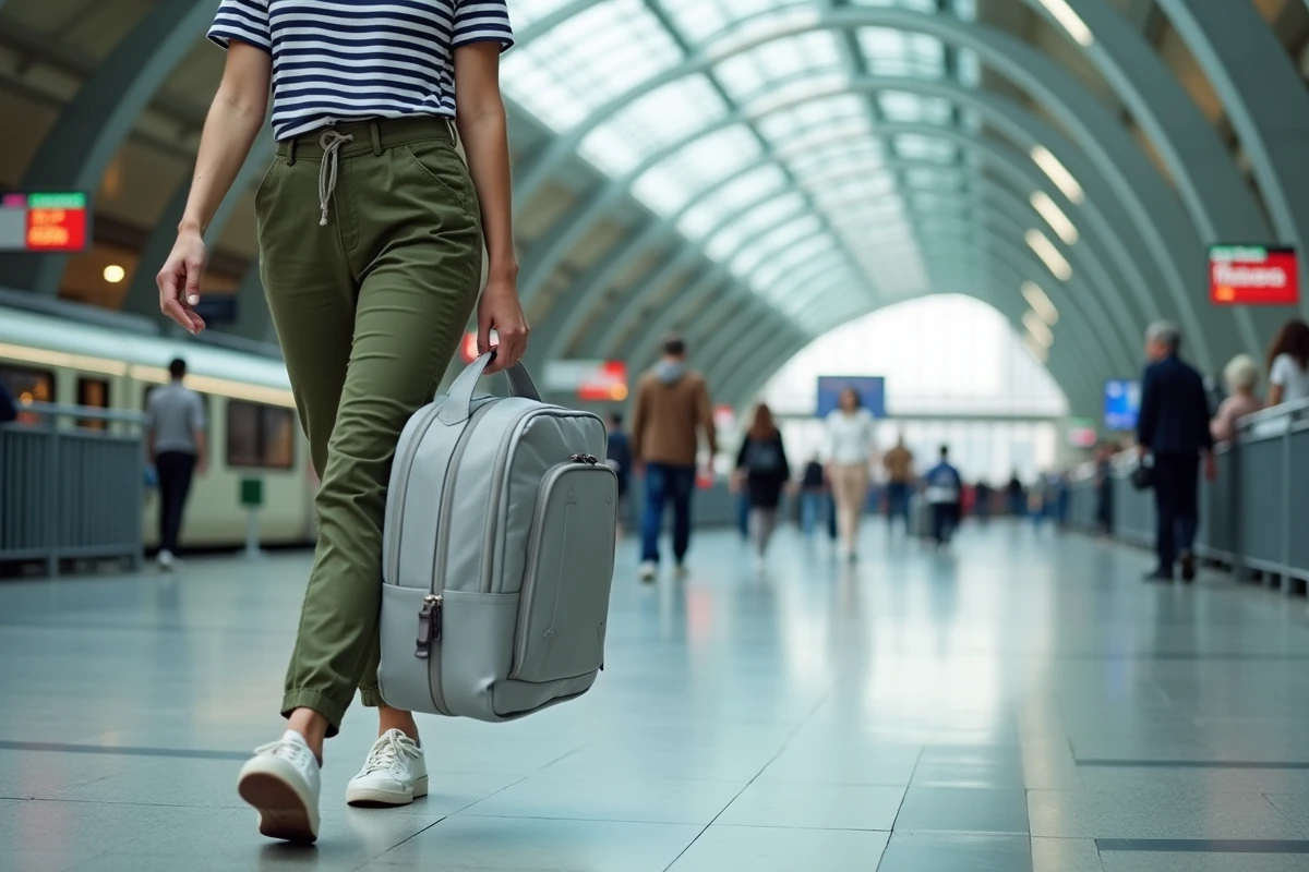 Femme marchant dans une gare moderne avec un sac à dos convertible gris clair, illustrant le voyage léger en week-end