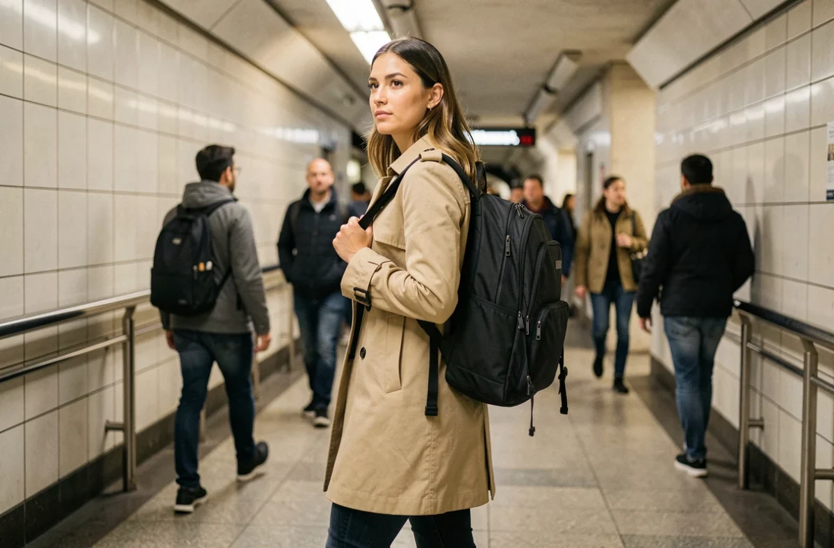 Femme portant un sac à dos pour ordinateur portable dans une station de métro animée lors de son trajet quotidien