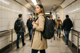 Femme portant un sac à dos pour ordinateur portable dans une station de métro animée lors de son trajet quotidien
