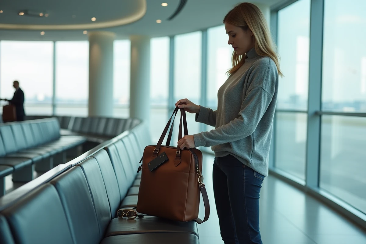 Femme organisant son sac à main de voyage en cuir à un embarquement d'aéroport moderne