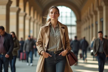 Femme élégante avec un sac à main de voyage en cuir marchant dans une gare européenne animée