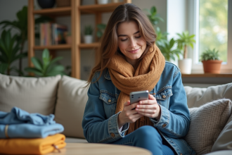 Femme en denim et foulard dans un salon lumineux