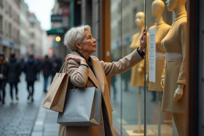 Femme d'âge moyen regardant la vitrine d'un magasin fermé en ville