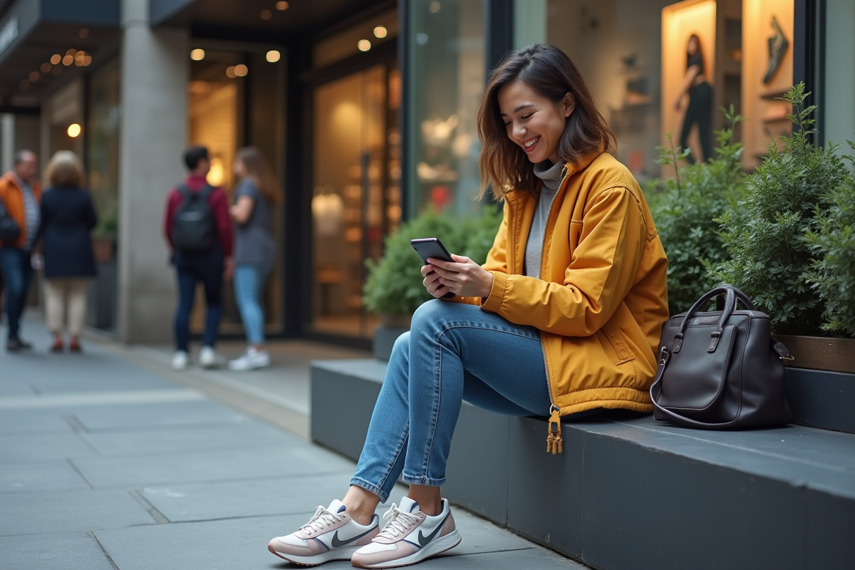 Femme assise dehors regardant son smartphone avec sneakers tendance