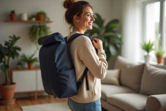 Femme souriante portant un sac ergonomique dans un salon chaleureux