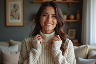 Femme souriante portant un collier en or dans un intérieur cosy
