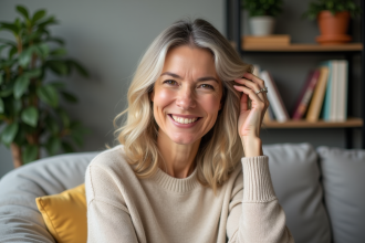Femme souriante en salon moderne avec cheveux naturels