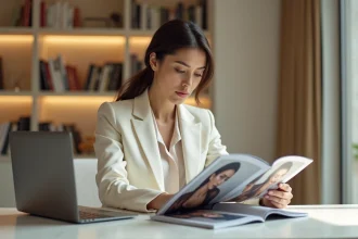 Femme élégante analysant un magazine de mode luxe dans un bureau parisien minimaliste pour affiner sa stratégie éditoriale