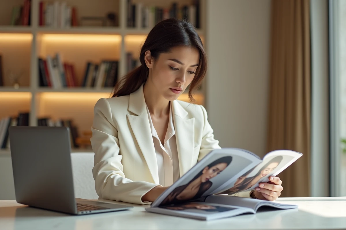 Femme élégante analysant un magazine de mode luxe dans un bureau parisien minimaliste pour affiner sa stratégie éditoriale