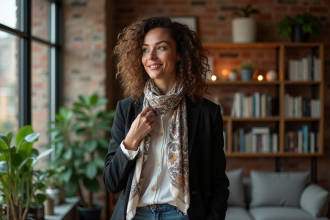 Femme élégante ajustant un foulard en soie dans un intérieur moderne