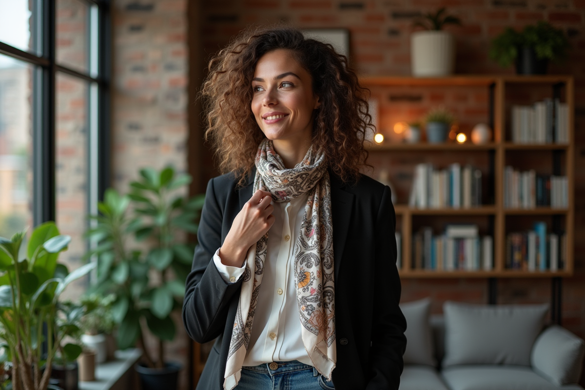 Femme élégante ajustant un foulard en soie dans un intérieur moderne