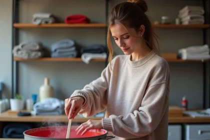 Femme en train de mélanger de la teinture rouge pour tissu