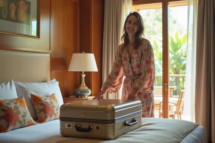 Femme relaxant en préparant sa valise dans une chambre d'hôtel lumineuse