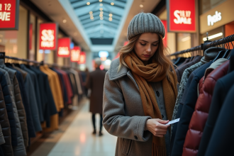 Femme élégante en manteau d'hiver dans un centre commercial