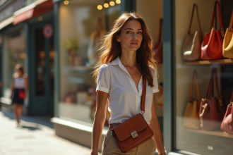Jeune femme élégante marchant en ville avec sac en cuir