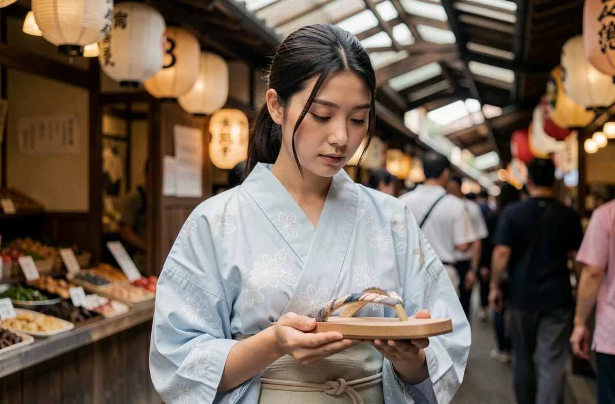 Jeune femme en yukata bleu examinant attentivement une geta japonaise dans un marché traditionnel japonais couvert