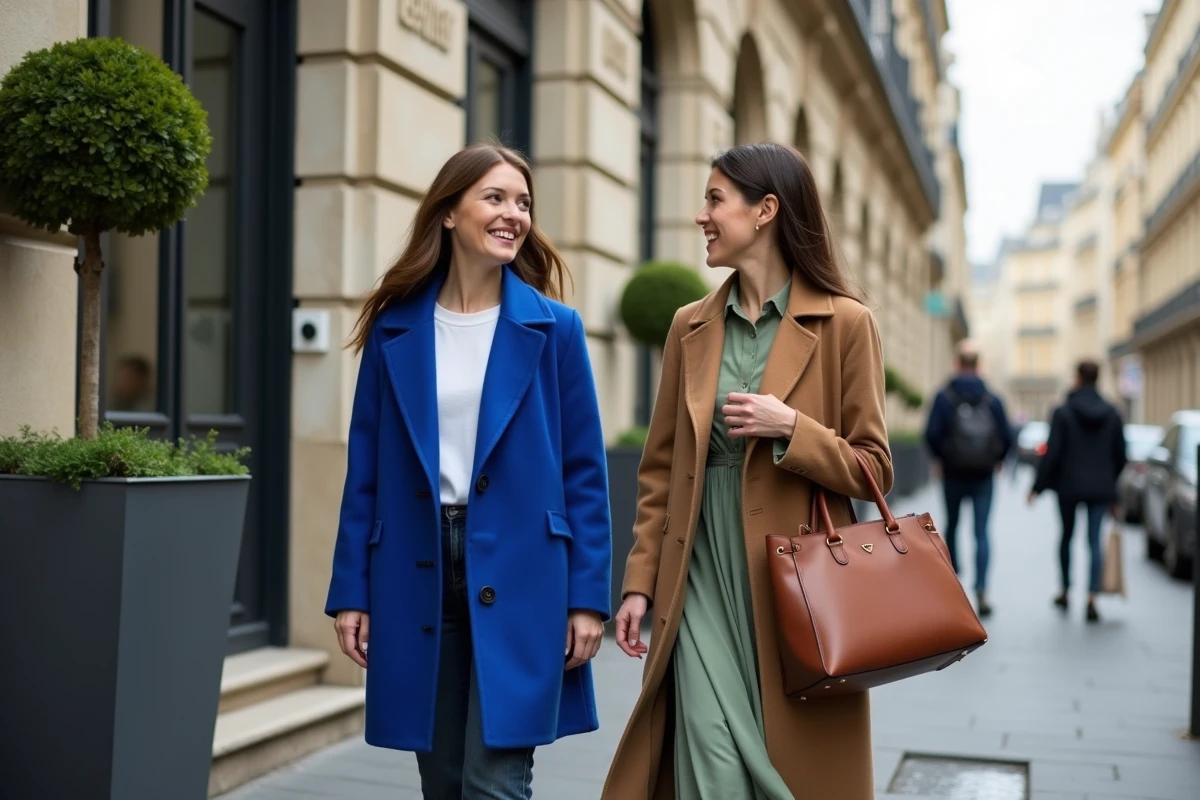Deux femmes élégantes discutant mode dans une rue parisienne authentique devant une façade haussmannienne