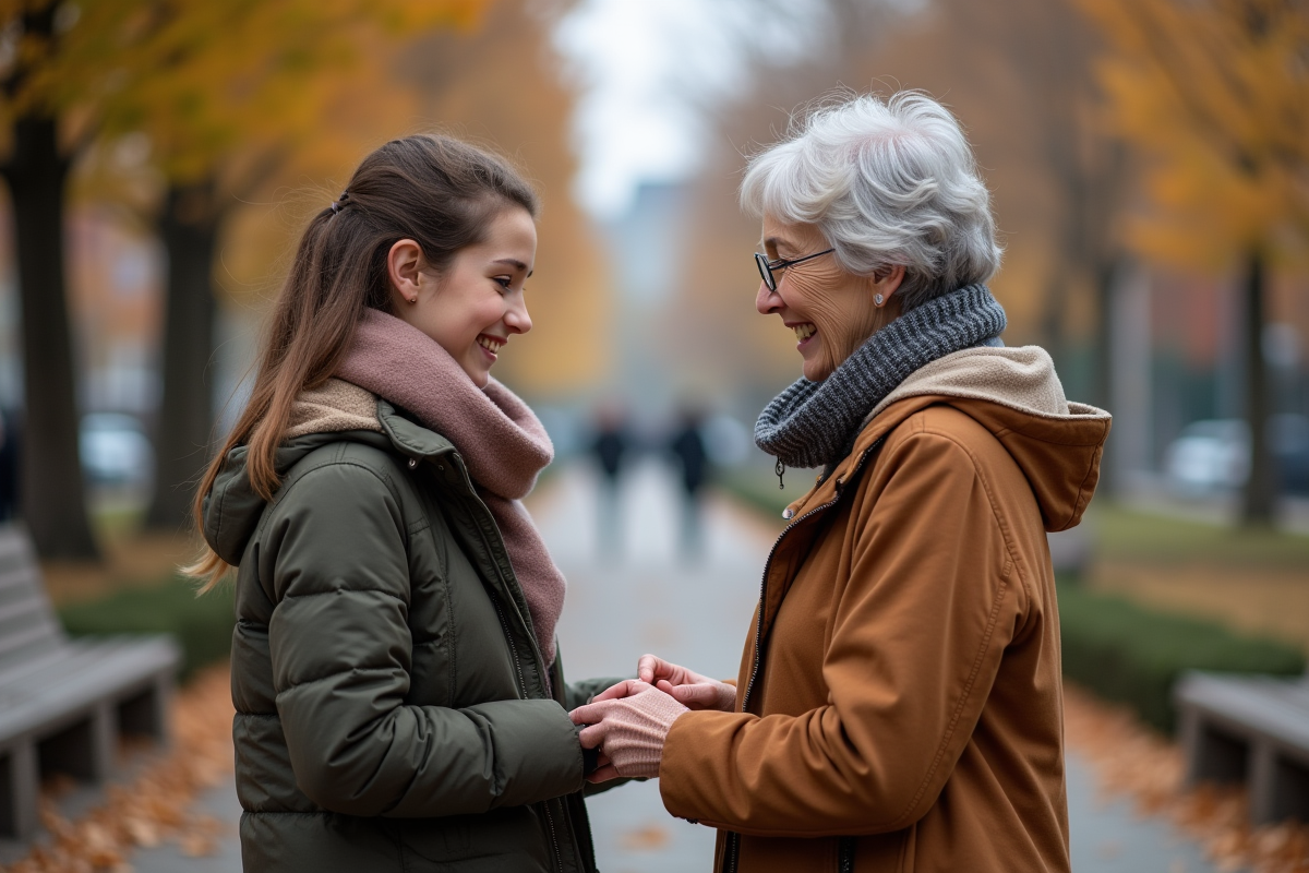 Jeune fille recevant un collier en argent de sa grand-mere dans un parc
