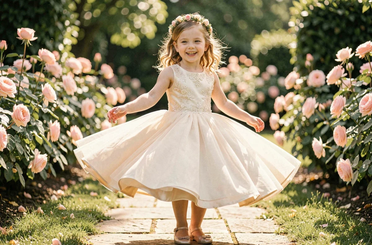 Fillette en robe princesse ivoire qui tourbillonne dans un jardin fleuri avec une expression de joie naturelle