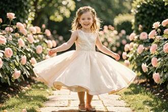 Fillette en robe princesse ivoire qui tourbillonne dans un jardin fleuri avec une expression de joie naturelle