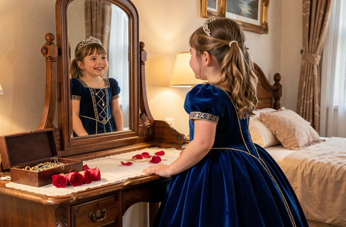 Fillette en robe princesse bleue en velours admirant son reflet dans un miroir vintage dans une chambre chaleureuse