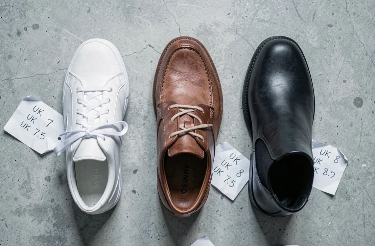 Flat-lay de trois paires de chaussures avec étiquettes de tailles UK et demi-pointures sur fond béton gris